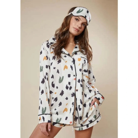 Revolve Plush Cheetah Pajama Set With Eye Mask in Cream Multi - Picture 1 of 5